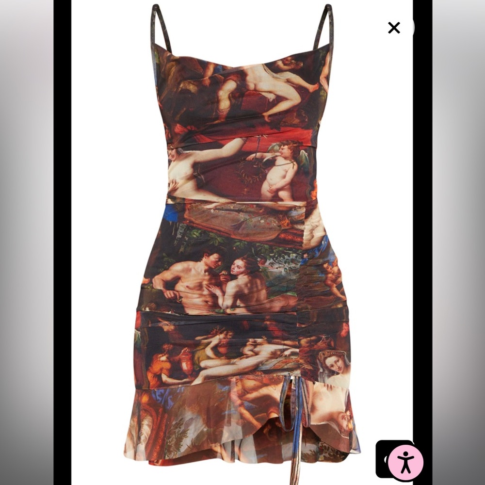 Renaissance Print Ruched Bodycon Dress